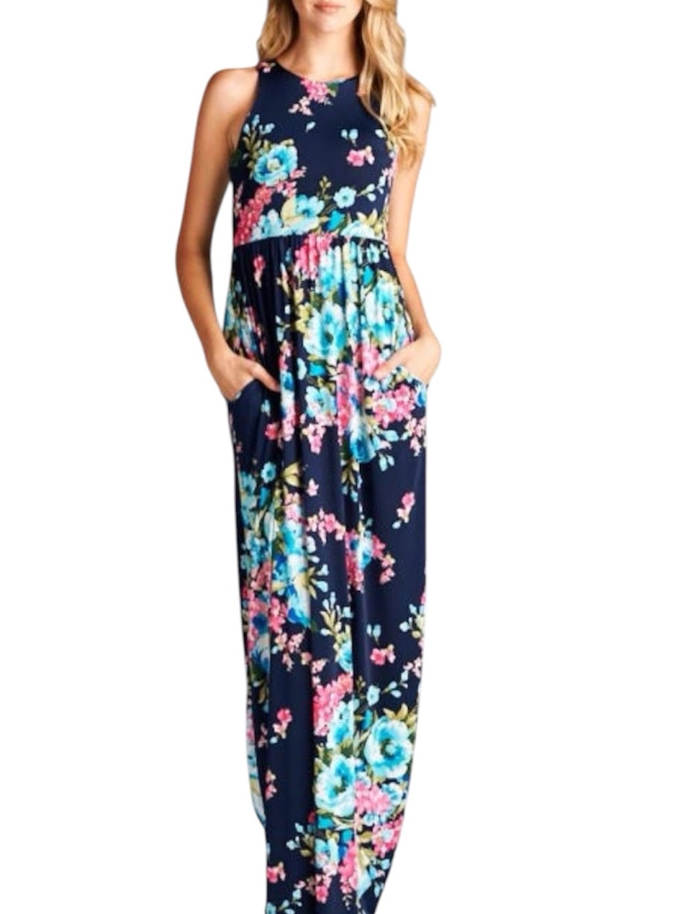 Bellamie Navy Floral Racerback Scoop Neck Maxi Dress with Pockets